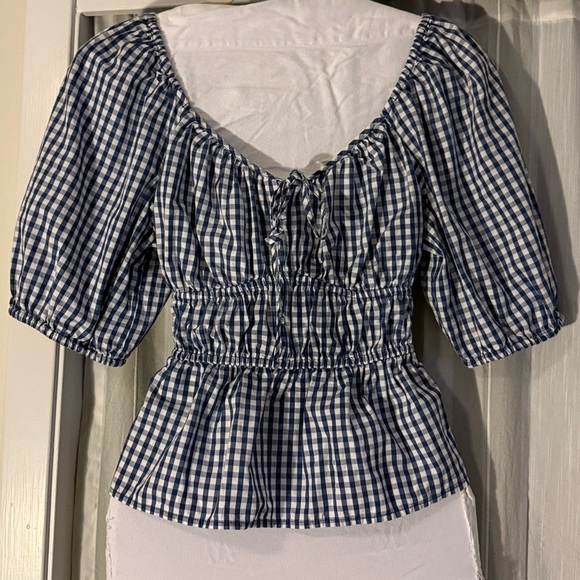 GAP Blue Gingham Puff Sleeve Blouse | Cottagecore Peplum Top S - Picture 4 of 4
